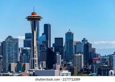 Seattle, WA, USA-July 2022; Close Up View Of Downtown Seattle Modern High Rise Buildings And Iconic Space Needle In The Middle Against A Blue Sky