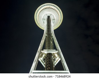 Seattle, Washington Circa 2017: Landmark Space Needle Building Isolated By Black Background