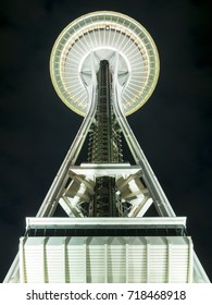 Seattle, Washington Circa 2017: Looking Up Space Needle With Black Night Background