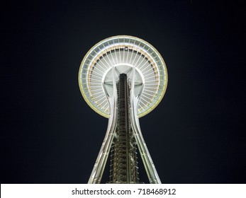 Seattle, Washington Circa 2017: Top Of Space Needle Isolated By Black Background