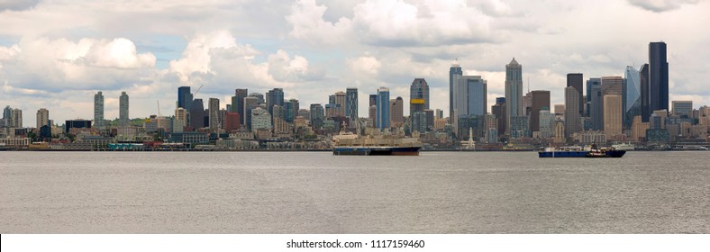 Seattle Washington city skyline along Elliott Bay Panorama - Shutterstock ID 1117159460