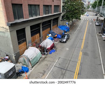 Seattle, Washington, July 4, 2021: Homeless Tents lining the streets of Seattle