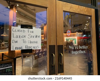 Seattle, Washington, June 19, 2022: Closed For Strike Sign On Starbucks Window At First And Pike Protesting Unfair Labor