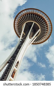 Seattle, Washington - May 08, 2009: Seattle Space Needle As Seen From Below With Blue Sky And Clouds In Background