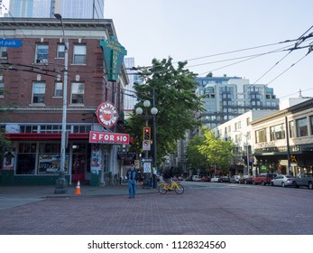 Seattle, Washington - May 27, 2018: Empty Street Near Pike Place Market, The Famous Public Market In Seattle.