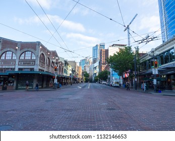 Seattle, Washington - May 27, 2018: Empty Street Near Pike Place Market, The Famous Public Market In Seattle.