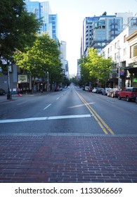 Seattle, Washington - May 27, 2018: Empty Street Near Pike Place Market, The Famous Public Market In Seattle.