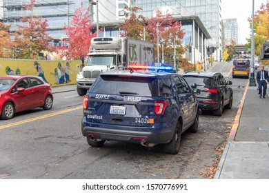 Seattle, Washington: October 29, 2019:  Seattle Police Vehicle In The City Of Seattle, Washington.  The Seattle Police Department Was Founded In 1886.