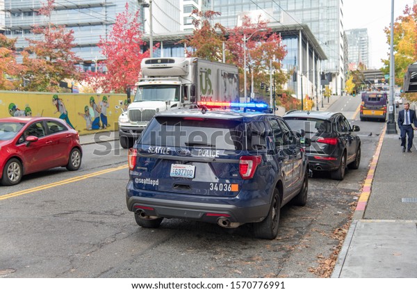 Seattle, Washington: October 29, 2019:  Seattle\
police vehicle in the city of Seattle, Washington.  The Seattle\
police department was founded in\
1886.