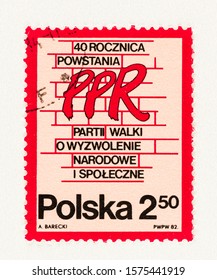 SEATTLE WASHINGTON - October 9, 2019: Used Stamp Of The PPR, The Polish Worker's Party, Commemorating National And Social Liberation.