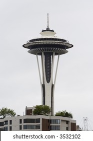 Seattle Washington Space Needle Close-up Taken On A Cloudy Day During A Rainstorm.