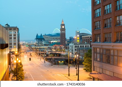 Seattle, Washington State, United States - Pioneer Square District And Centurylink Field Stadium.