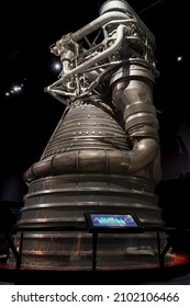 Seattle, Washington State, USA - July 12, 2021:    Rocketdyne F-1 engine of the Saturn V first stage , Museum of Flight, Seattle.