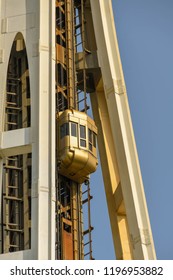 SEATTLE, WASHINGTON STATE, USA - JUNE 2018:  Close Up View Of One Of The Elevator Cabins Ascending The Space Needle In Seattle.