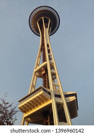 Seattle, Washington State/ USA - September 2016: Looking Up At The Iconic 184 M Space Needle In Seattle On A Sunny Day With A Blue Sky Behind