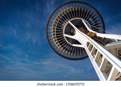 Seattle, Washington / United States – December 10, 2018:  Looking Up At The Bottom Of The Space Needle Constructed For The 1962 World’s Fair.