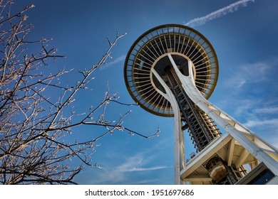 Seattle, Washington, United States - December 10, 2018: Looking Up At The Bottom Of The Space Needle, Constructed For The 1962 World’s Fair.