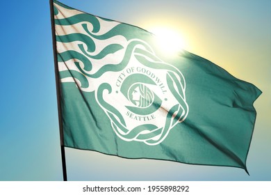 Seattle Of Washington Of United States Flag Waving On The Wind In Front Of Sun