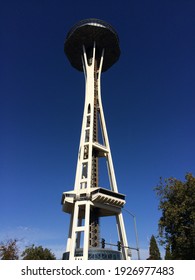 Seattle, Washington, United States - October 14, 2017: Close Up Of Famous Space Needle Tower Building With Observation Deck On Top.