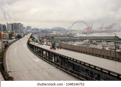 Seattle, Washington / USA - 02 17 2019: Demolition Of Alaskan Way Viaduct