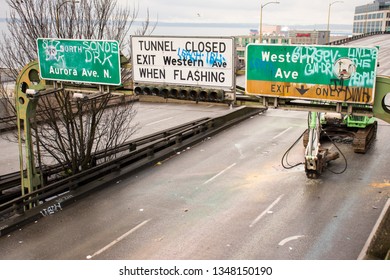 Seattle, Washington / USA - 02 17 2019: Demolition Of Alaskan Way Viaduct