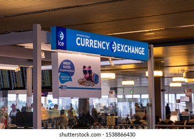 Seattle, Washington \ USA - 13 September 2019: A International Currency  Exchange Kiosk In The Airport Terminal.  