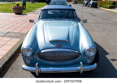 Seattle, Washington USA - April 06, 2021: Blue Austin Healey Retro Oldtimer Car Convertible Top View