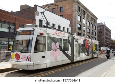 Seattle, Washington / USA - April 17 2019: Street Car Trolley In Seattle's Pioneer Square Neighborhood, In A Public Transportation Scene