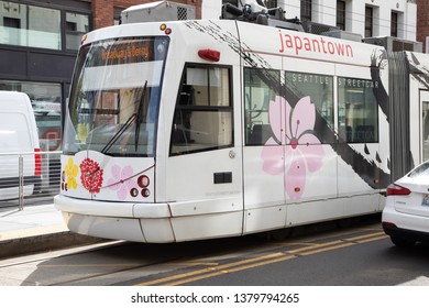 Seattle, Washington / USA - April 17 2019: Street Car Trolley In Seattle's Pioneer Square Neighborhood, In A Public Transportation Background