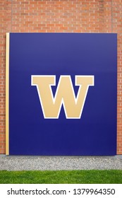 Seattle, Washington / USA - April 4 2019: W Logo On The Exterior Of The University Of Washington (UW) Baseball Team Building, With Space For Text On Top And Bottom