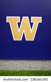 Seattle, Washington / USA - April 4 2019: W Logo On The Exterior Of The University Of Washington (UW) Baseball Team Building