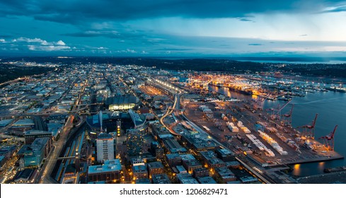 SEATTLE, WASHINGTON / USA - August 11, 2018: Aerial View Of Seattle Shipping Port