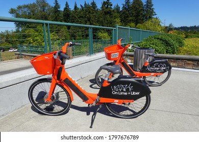 Seattle, Washington / USA - August 15 2020: Jump Electric Bikes Public Transportation In Seattle, WA.