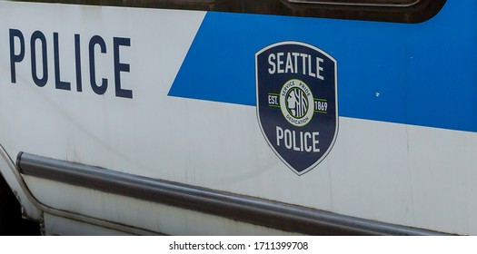 Seattle, Washington / USA - August 15th 2018: Close-up Shot Of The Seattle Police Department Logo On The Side Of A Service Vehicle Bus