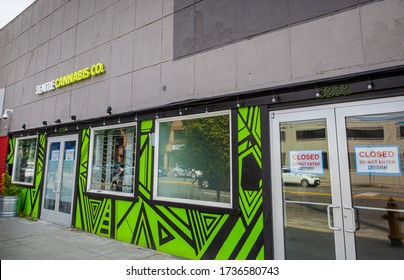 Seattle, Washington / USA - August 17th 2018: A Shot Of A Legal Cannabis Weed Dispensary Called Seattle Cannabis Company Located In The SoDo Neighborhood District Of Downtown Seattle