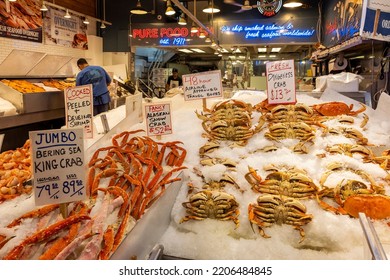 Seattle, Washington, USA - August 24, 2022: Fish Stand At Pike Place Market