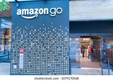 Seattle, Washington USA Circa April 2018 The Exterior Of Amazon Companies New Store On Their World Headquarters Campus Customer Greeter At Entrance.