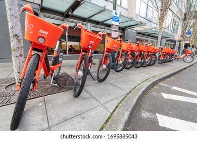 Seattle, Washington USA - Dec 2, 2019: Jump Electric Bikes Public Transportation