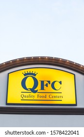 Seattle, Washington / USA - December 2 2019:  QFC Sign Above A Quality Food Center, A Kroger Owned Supermarket, With Space For Text On Top