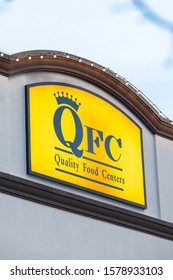 Seattle, Washington / USA - December 2 2019:  QFC Sign At The University Village Quality Food Center, A Kroger Owned Grocery Chain, With Space For Text On Top And Bottom