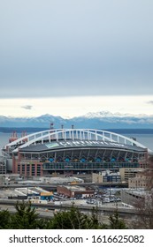 Seattle, Washington / USA - December 22 2019: View Of Century Link Field Along The Seattle Waterfront, With Space For Text On Top