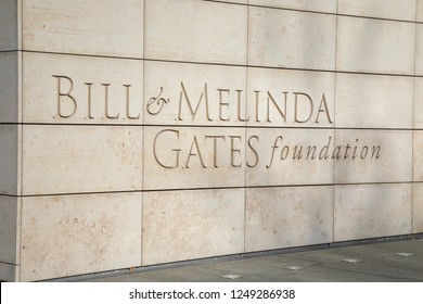 Seattle, Washington / USA - December 3 2018: "Bill and Melinda Gates Foundation" sign on the exterior of the philanthropic headquarters building in Seattl