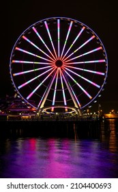 Seattle, Washington, USA - December 30, 2021: Night View Of The Ferris Wheel