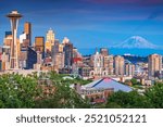 Seattle, Washington, USA downtown city skyline at dusk.