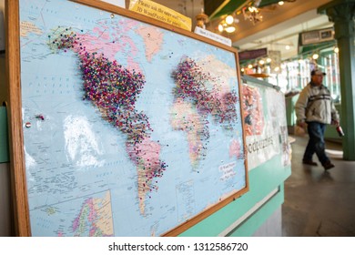 Seattle, Washington / USA - February 24 2015: Wide Angle Close Up On A Map With Push Pins At Seattle's Famous Pike Place Market 