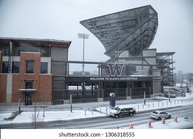 Seattle, Washington / USA - February 4 2019:  Alaska Airlines Field, Home Of The University Of Washington Husky Football Team, During A Winter Snow Storm