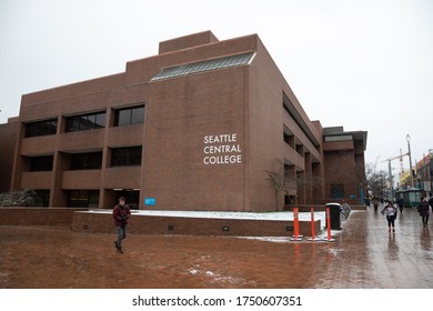 Seattle, Washington / USA - January 14 2020: Seattle Central College Building With Students In A Brick Courtyard