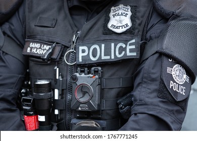 Seattle, Washington / USA - July 1 2020: Axon body camera on the chest of a Seattle Police Detective 