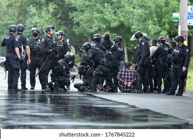 Seattle, Washington / USA - July 1 2020: Seattle Police Arresting A Group Of Protesters While Clearing The Capitol Hill Occupation Protest (CHOP)