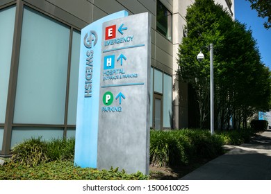 Seattle, Washington / USA - July 21 2019: Swedish Hospital Emergency Room Sign, For The Medical Center In Downtown Seattle, With Space For Text 